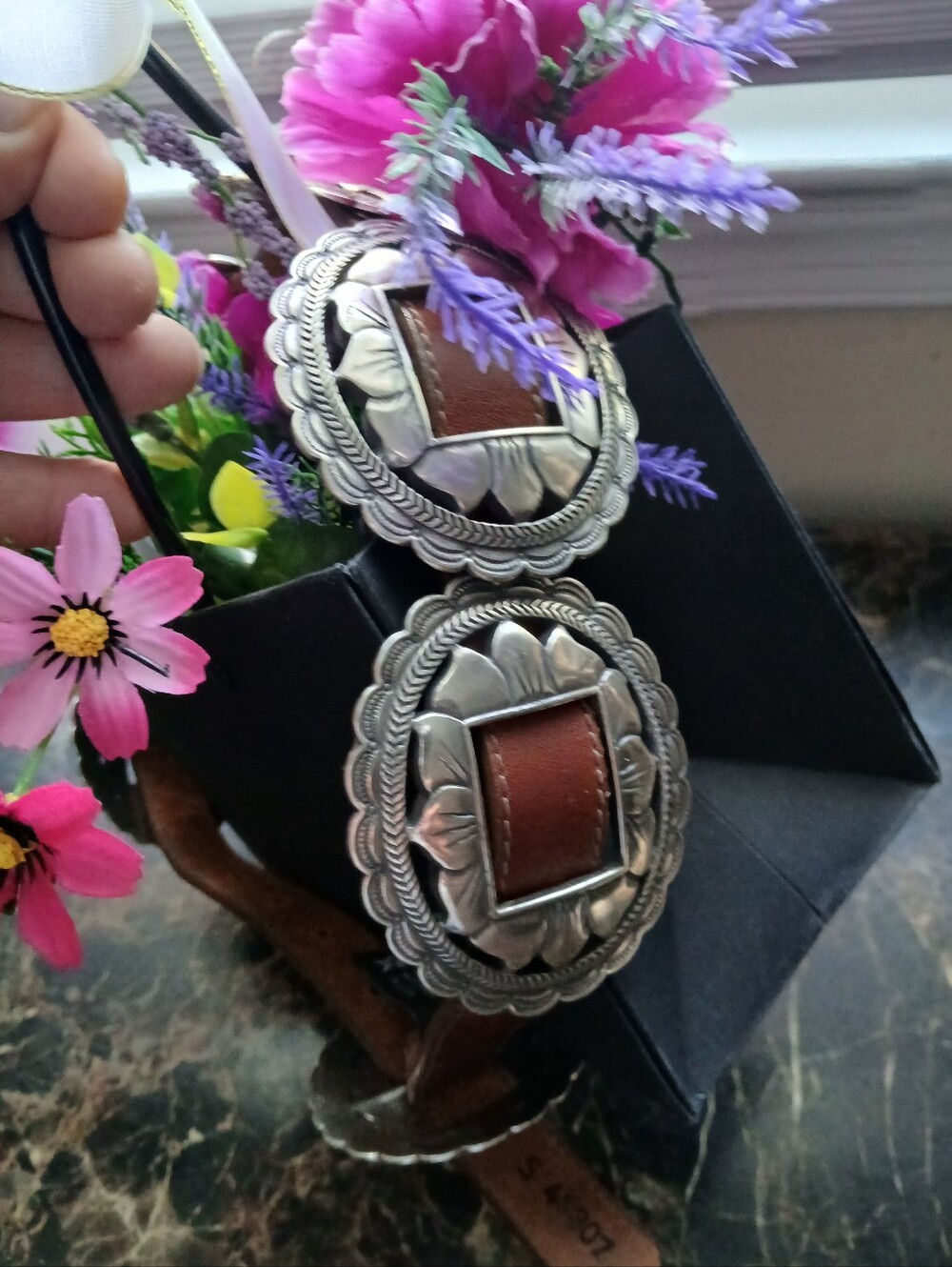 🇺🇸 4th of July Brighton Sunflower Concho Vintage 1993 Leather Belt 32"  Women
